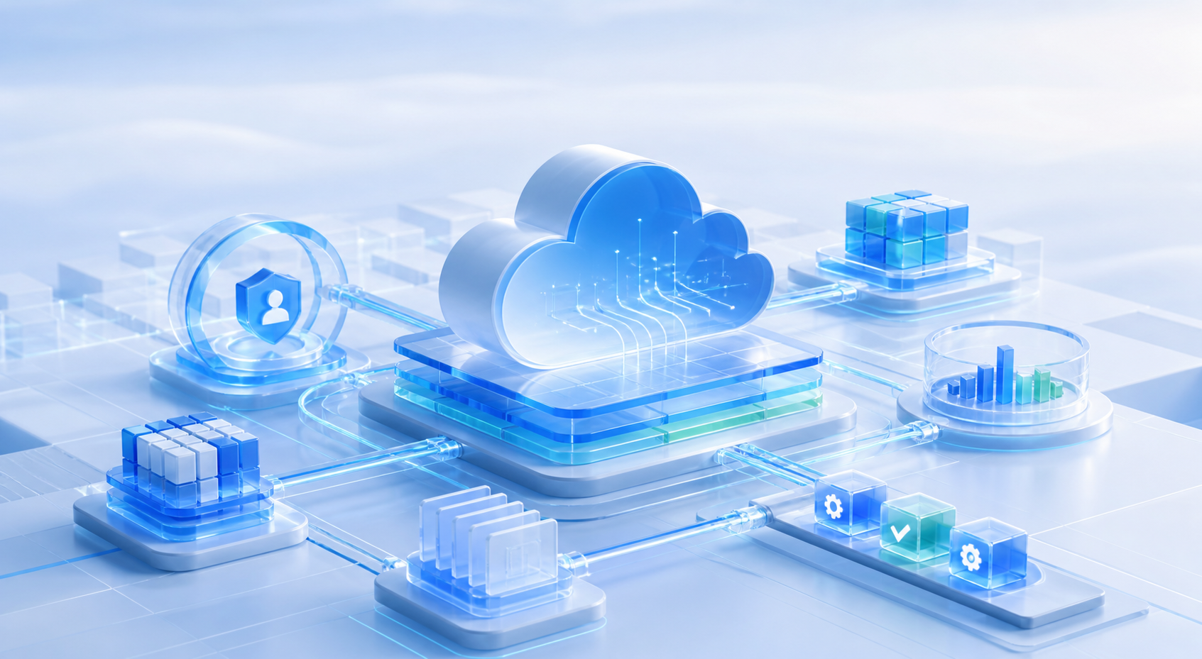 Abstract Microsoft Azure cloud foundation with identity, governance, monitoring, and deployment layers